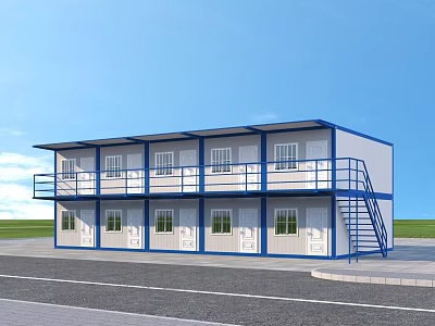 Two Story Container School Building With Blue Railings White Exterior And Staircase 3d model