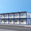 Two Story Container School Building With Blue Railings White Exterior And Staircase