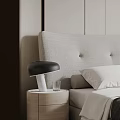Modern Bedroom Interior With Upholstered Headboard Bed Nightstand Window Curtains And Armchair