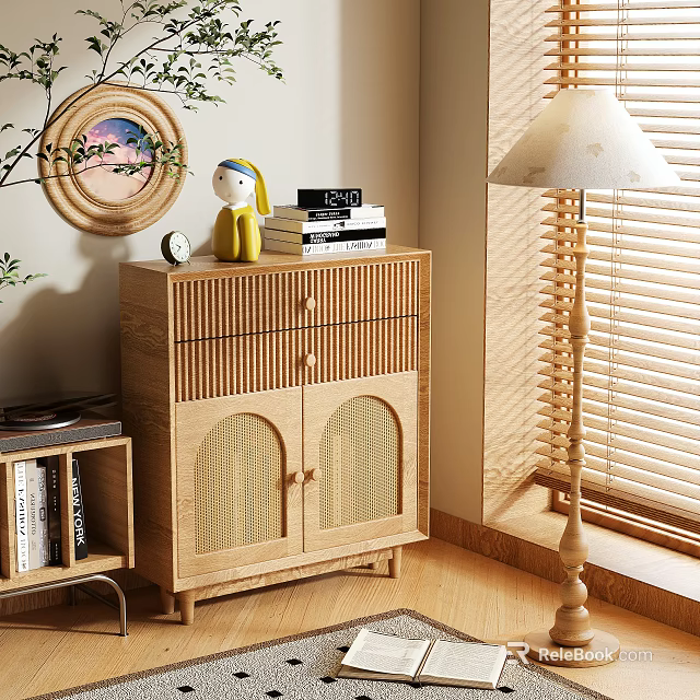 Wooden Shoe Cabinet With Vertical Slat Design And Arched Mesh Doors For Cozy Home 3d model 