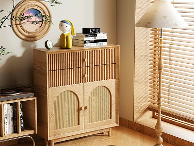 Wooden Shoe Cabinet With Vertical Slat Design And Arched Mesh Doors For Cozy Home 3d model