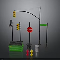 Urban Architectural Street Elements With Traffic Lights Stop Sign Lamp Trash Can And Fire Hydrants