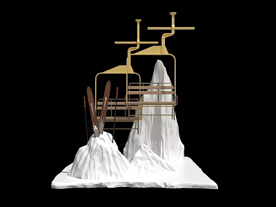 Elegant Window Display with Golden Structure and White Mountain Shaped Decor and Ski Elements 3d model