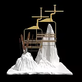 Elegant Window Display with Golden Structure and White Mountain Shaped Decor and Ski Elements 3d model