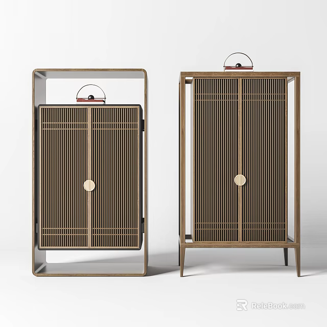 Modern Chinese Decorative Cabinets With Vertical Slat Doors And Circular Knobs Design 3d model