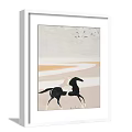Animal Painting Featuring Black Horse In Light Colored Background With Flying Birds