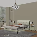Modern Double Bed with White Tufted Headboard in Beige Bedroom with Nightstands and Pendant Light