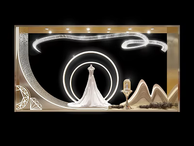 Elegant Wedding Dress Shop Window Display with White Gown Geometric Shapes Lighting And Mountain Ornaments 3d model