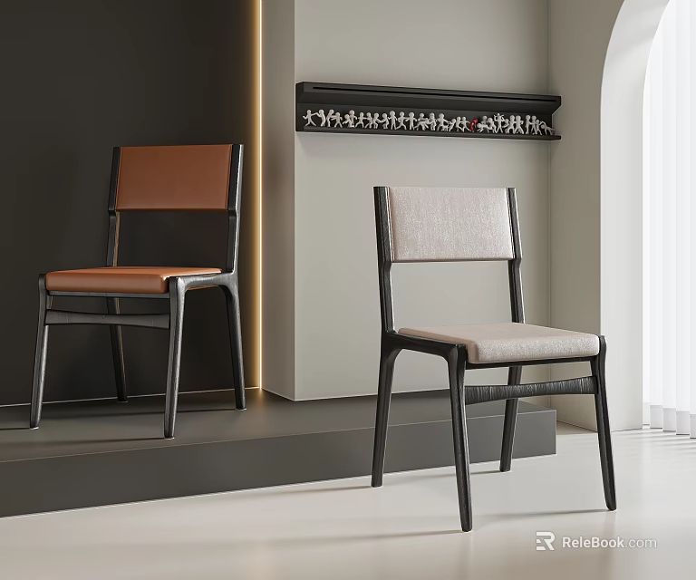 Two Modern Dining Chairs With Brown Leather And Beige Fabric Seats And Black Metal Frames 3d model 