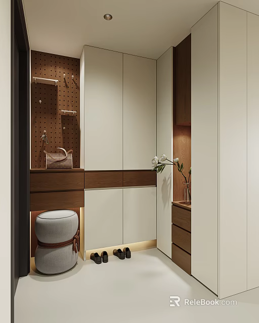 Modern Shoe Cabinet With Wooden And White Panels Mirror Shoe Stool And Hooks 3d model 