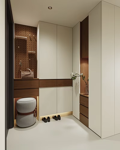 Modern Shoe Cabinet With Wooden And White Panels Mirror Shoe Stool And Hooks 3d model
