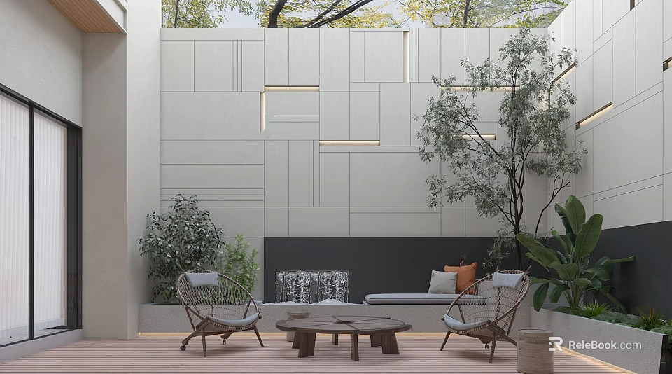 Modern Garden Landscape With White Wall Lighting Wooden Coffee Table Wicker Chairs And Green Plants 3d model 