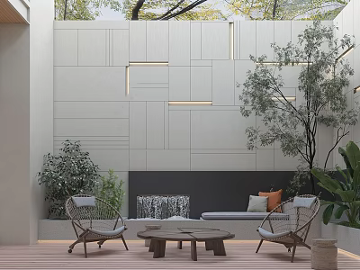 Modern Garden Landscape With White Wall Lighting Wooden Coffee Table Wicker Chairs And Green Plants 3d model