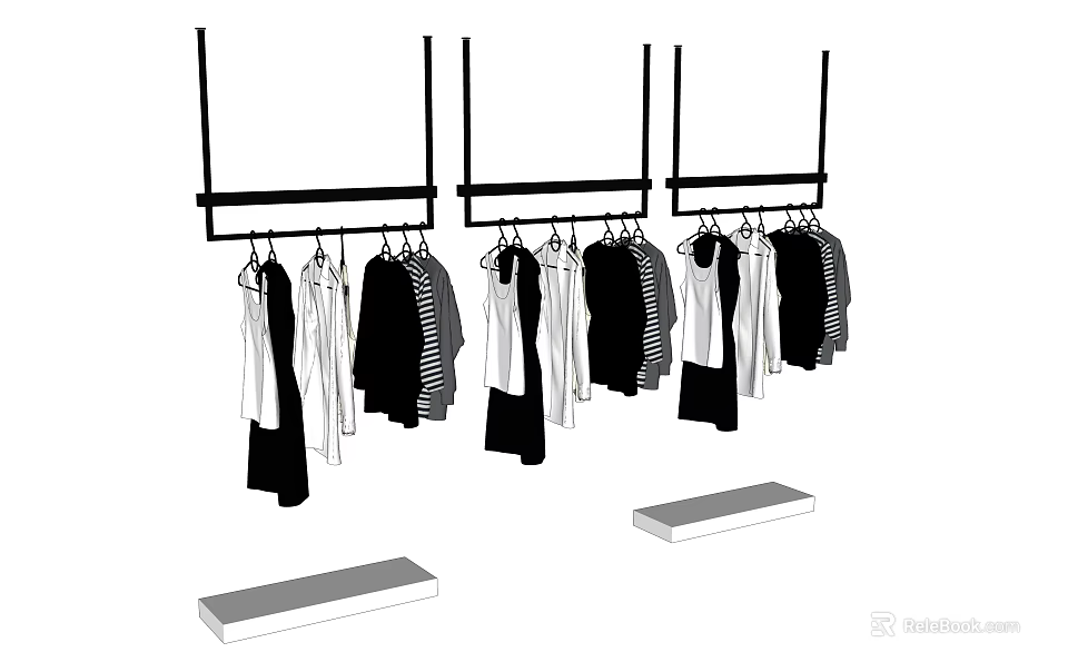 Multiple Hanging Clothes Racks With Various Clothes And Rectangular Shelves Below 3d model 