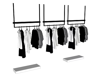 Multiple Hanging Clothes Racks With Various Clothes And Rectangular Shelves Below 3d model