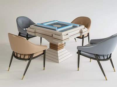 Modern Entertainment Table with Mahjong Tiles Four Gray Beige Chairs and Stylish Layered Base 3d model