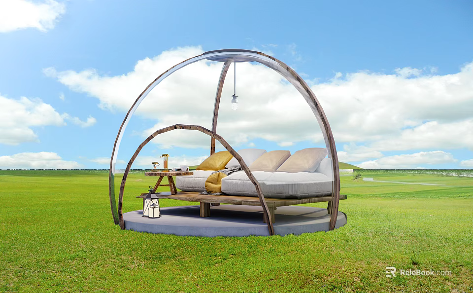 Outdoor Sofa With Light Colored Cushions In Transparent Dome Wooden Frame On Green Grassland 3d model 
