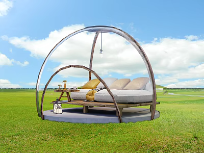 Outdoor Sofa With Light Colored Cushions In Transparent Dome Wooden Frame On Green Grassland 3d model