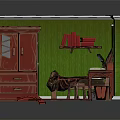 Cartoon Room Scene With Red Cabinet Bed Desk Bookshelf Green Walls And Rug