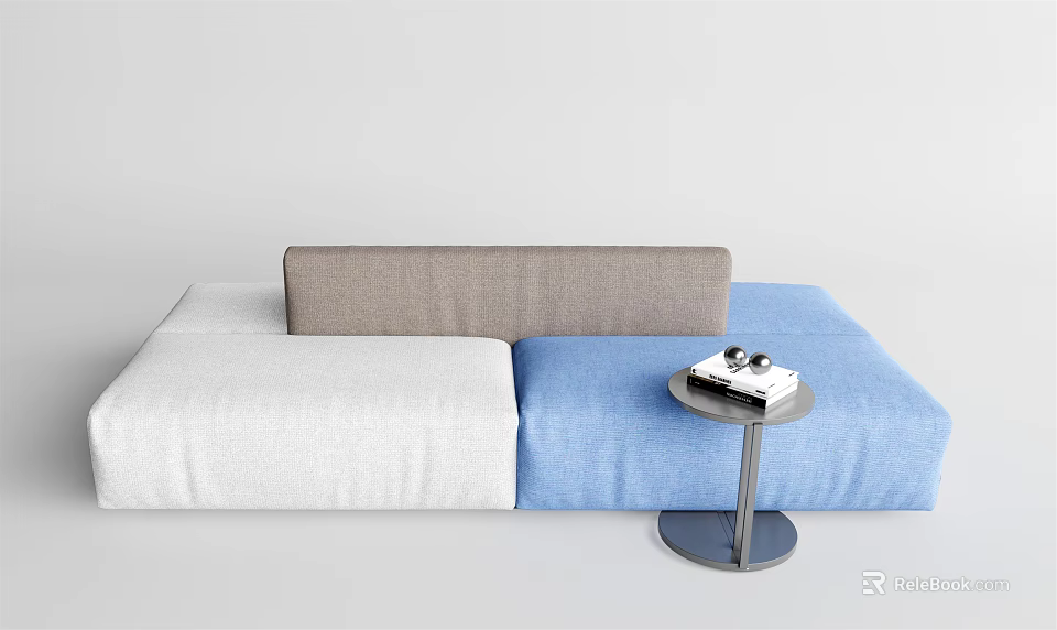 Modern Multi Person Fabric Sofa In Gray White And Blue With Small Round Table 3d model