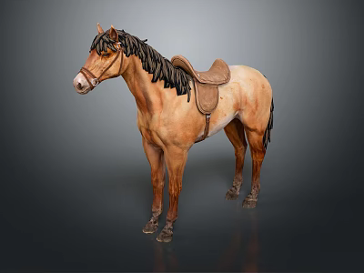 Realistic Brown Horse With Black Mane Tail And Leather Saddle 3d model