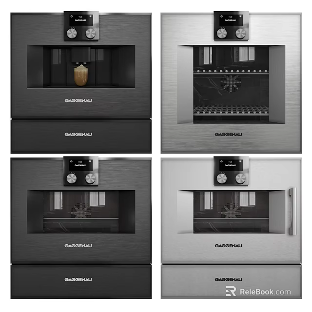 Modern Kitchen Appliances Featuring Glass Door Control Panel And Knobs In Black Silver 3d model