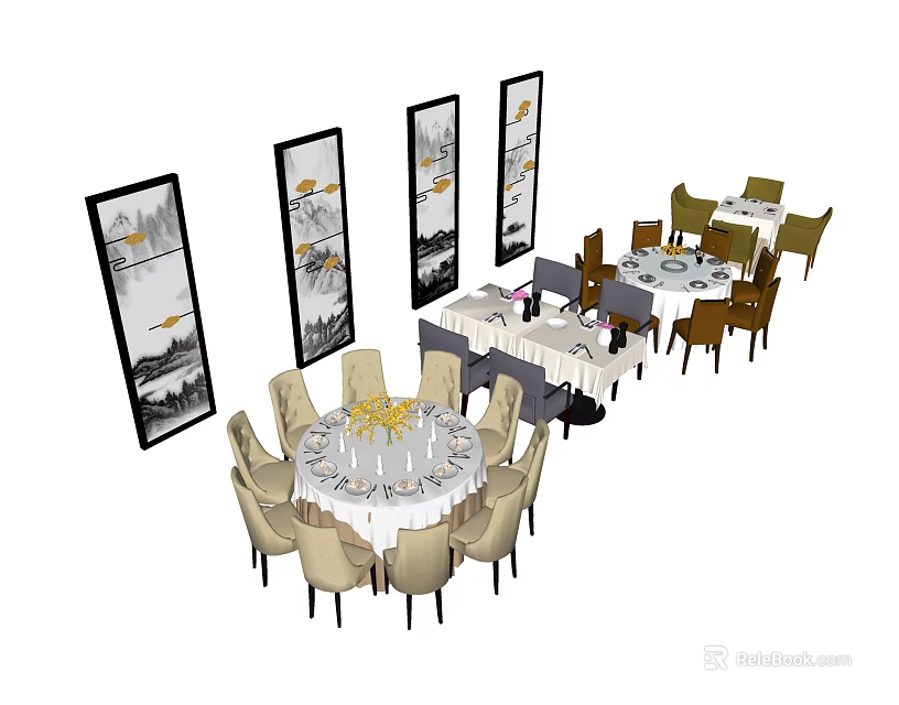 Elegant Dining Table Set With Chairs Wall Paintings And Table Decorations 3d model