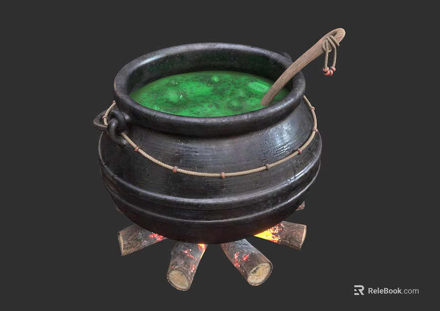 Black Cauldron With Green Liquid Wooden Spoon And Burning Logs 3d model 
