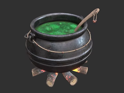 Black Cauldron With Green Liquid Wooden Spoon And Burning Logs 3d model
