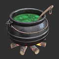 Black Cauldron With Green Liquid Wooden Spoon And Burning Logs