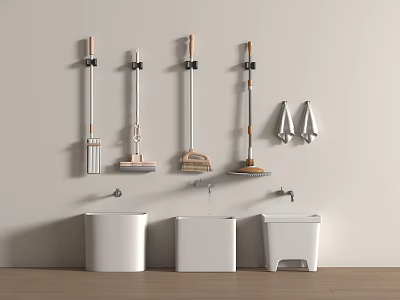Bathroom Accessories Featuring Wall Mounted Mops Brooms Hooks And White Containers 3d model