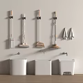 Bathroom Accessories Featuring Wall Mounted Mops Brooms Hooks And White Containers 3d model