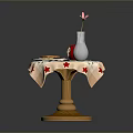Wooden Dining Chair With Round Table Star Patterned Tablecloth White Vase And Hamburger