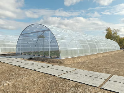 Transparent Arched Industrial Workshop Featuring Large Glass Panels Open Ground And Blue Sky 3d model