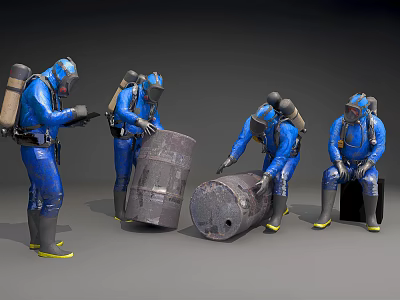 Workers In Blue Protective Suits Handling Metal Barrels With Equipment 3d model