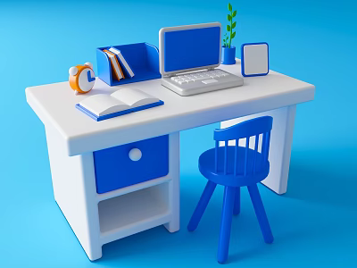 Daily Study Desk Essentials With Laptop Alarm Clock Books Potted Plant And Photo Frame 3d model