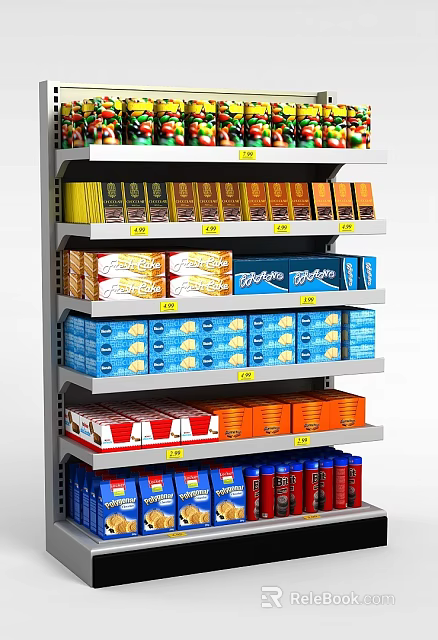 Display Shelf With Multiple Shelves Holding Tropicana And Various Packaged Products With Yellow Price Tags 3d model 