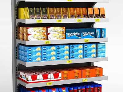 Display Shelf With Multiple Shelves Holding Tropicana And Various Packaged Products With Yellow Price Tags 3d model