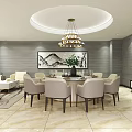 Modern Private Dining Room Interior Design Featuring Round Table Chairs Chandelier Artwork Sofa And TV 3d model