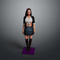 Woman In White Top And Black Jacket With Plaid Skirt On Purple Base Gray Background