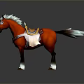 Red Horse With White Mane Tail Yellow Saddle Brown Bridle And White Hooves
