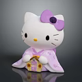 Cute White Cat Character In Purple Kimono With Purple Bow Holding Small House Decoration