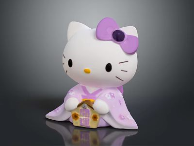 Cute White Cat Character In Purple Kimono With Purple Bow Holding Small House Decoration 3d model