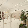 Modern Clothing Store with Mannequins Displaying Dresses and Green Plants in Neat Layout