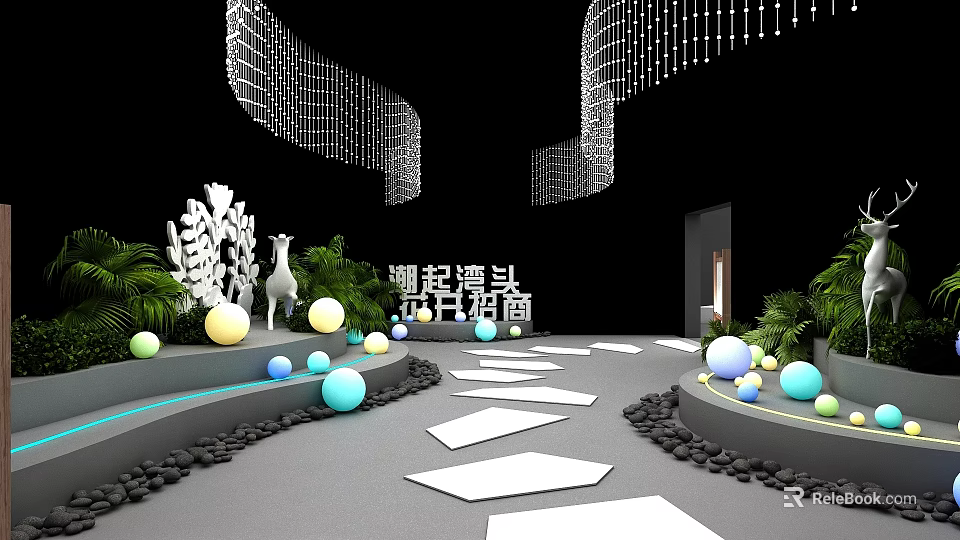 Modern Landscape Design With Geometric Pathway Colorful Spheres Green Plants And Hanging Decorations 3d model 