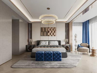 Elegant Modern Bedroom Interior With King Size Bed Crystal Chandelier And Blue Curtains 3d model