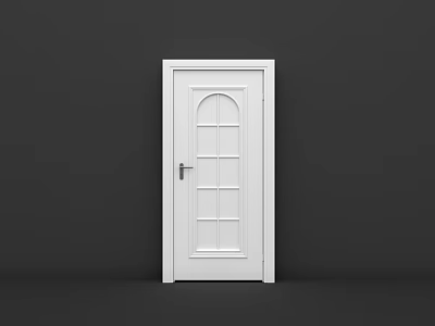 White Hinged Door With Arched Glass Window Grid Design And Silver Handle 3d model