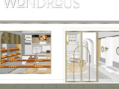 Wondrous Dessert Shop Interior With Pastries Display Cases Tables Chairs And Glass Doors 3d model
