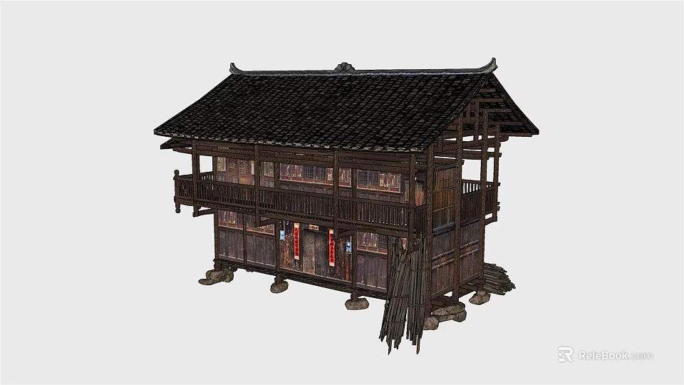 Traditional Chinese Ancient Building With Two Story Wooden Structure Black Tiled Roof And Red Decorations 3d model 