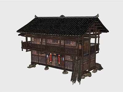 Traditional Chinese Ancient Building With Two Story Wooden Structure Black Tiled Roof And Red Decorations 3d model